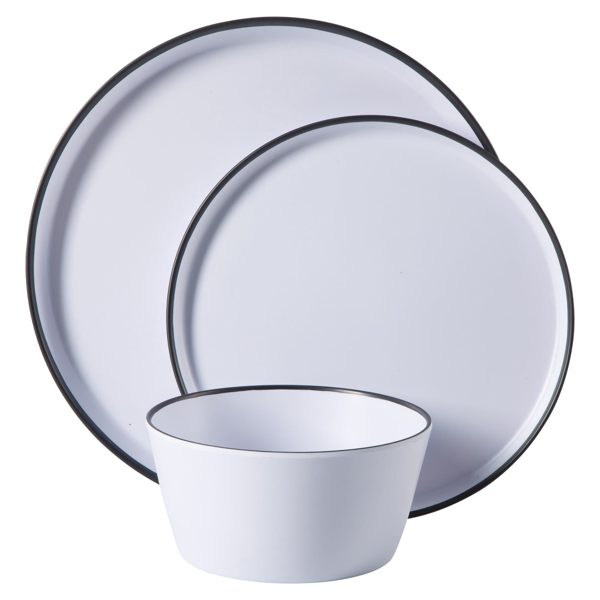 Service de table Gibson Home Folsom Shores, 12 pièces, assiettes et bols en mélamine incassable, moderne – Blanc avec bordure noire