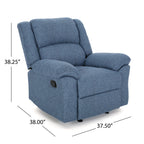 Fauteuil inclinable à bascule, accoudoirs coussinés, profil compact, tissu bleu