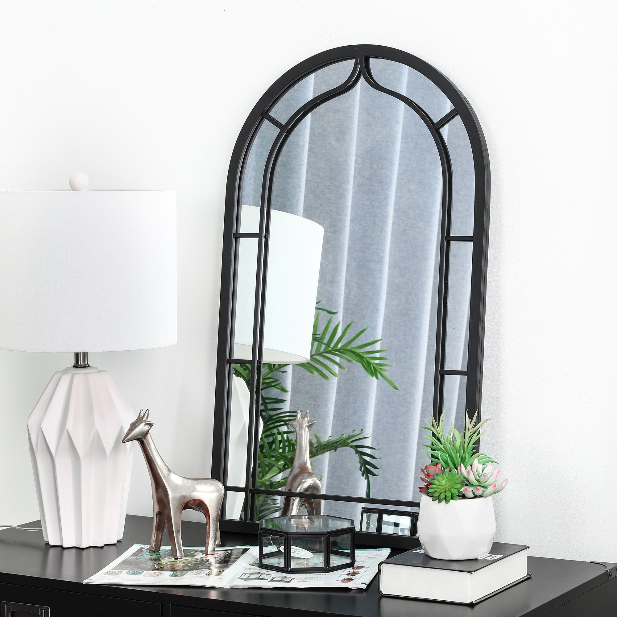 Miroir mural moderne rond/arqué en métal noir Glitzhome, décoration d'intérieur