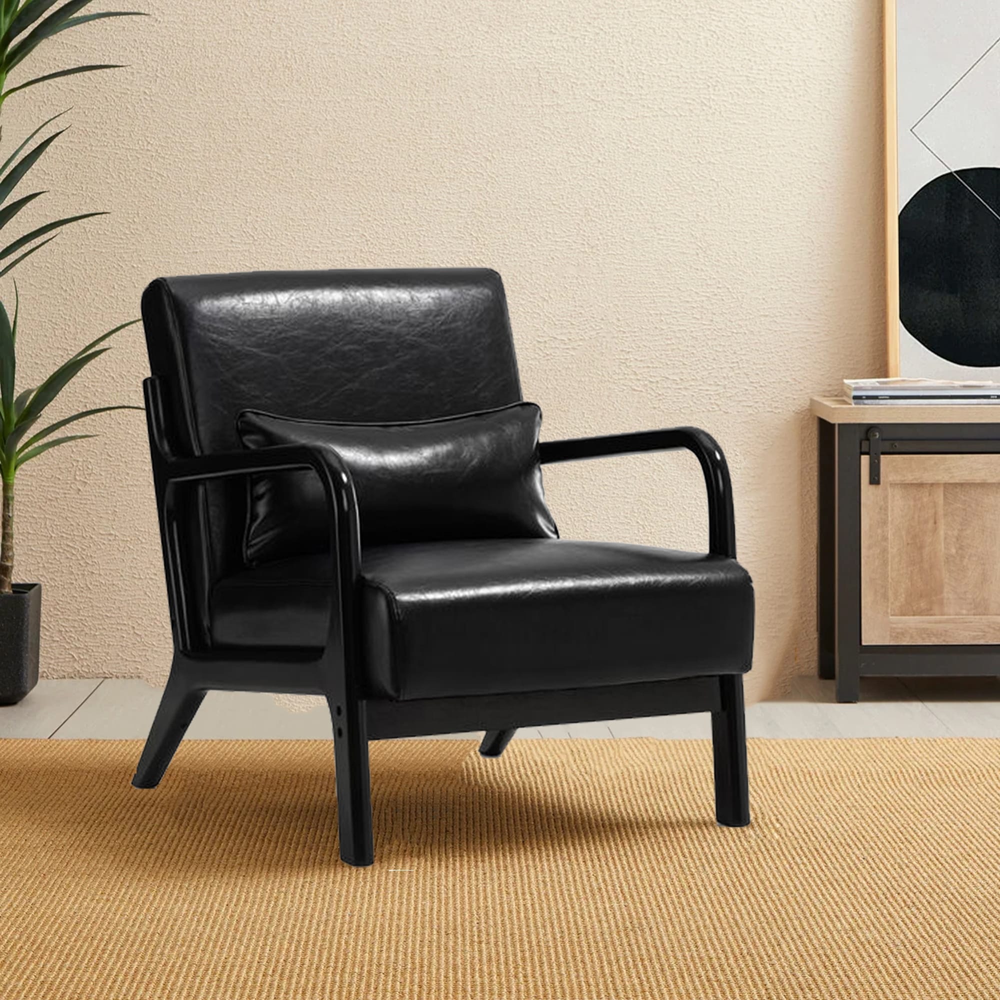 Glitzhome 30.75H Mid-Century Modern PU Leather Armchair Accent Chair with Pillow - 25.75W x 33.75D x 30.75H