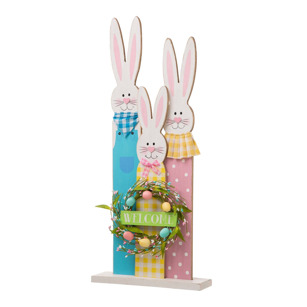 Glitzhome 30H Pâques en bois Famille de lapins debout Panneau de porche Décor avec couronne