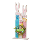 Glitzhome 30H Pâques en bois Famille de lapins debout Panneau de porche Décor avec couronne