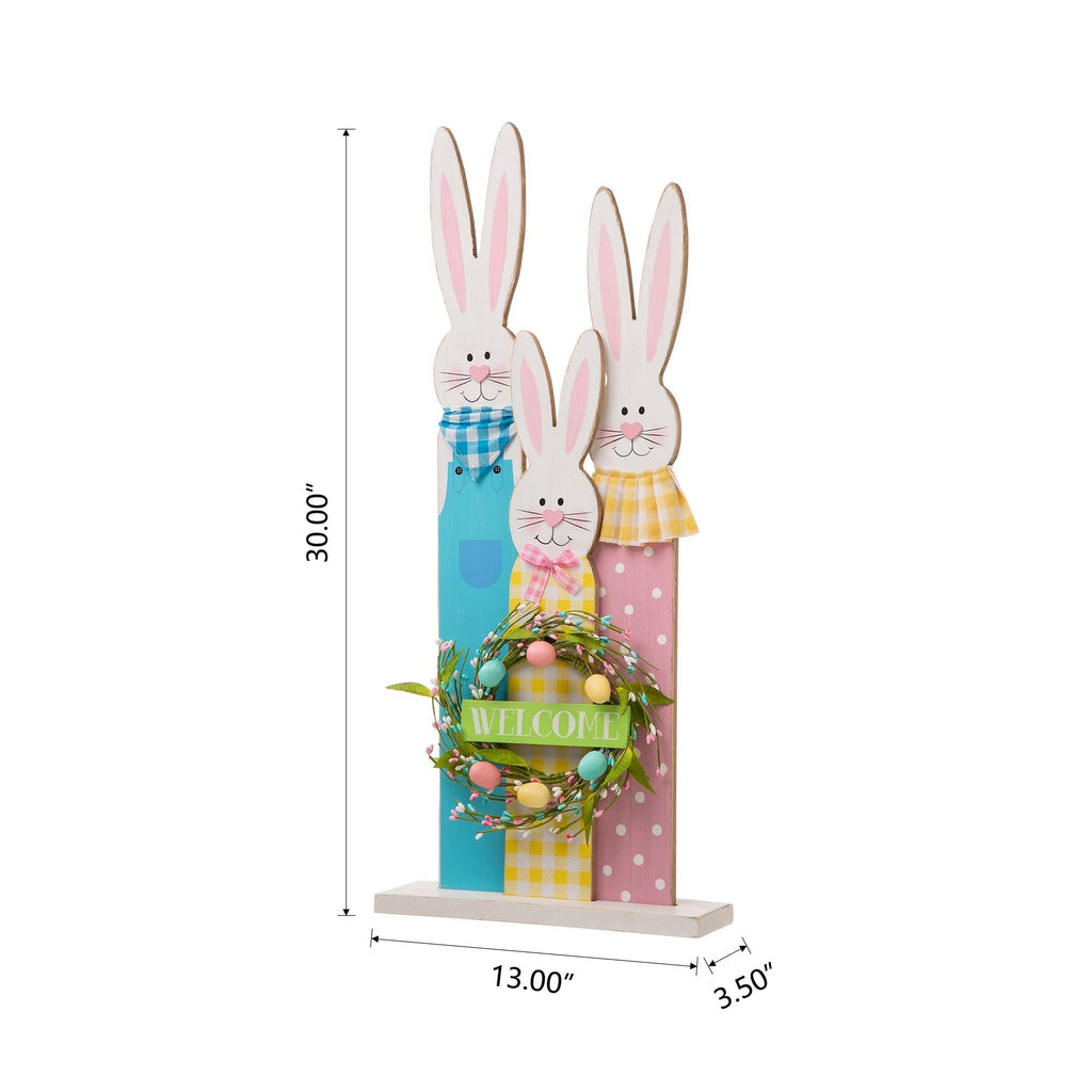 Glitzhome 30H Pâques en bois Famille de lapins debout Panneau de porche Décor avec couronne