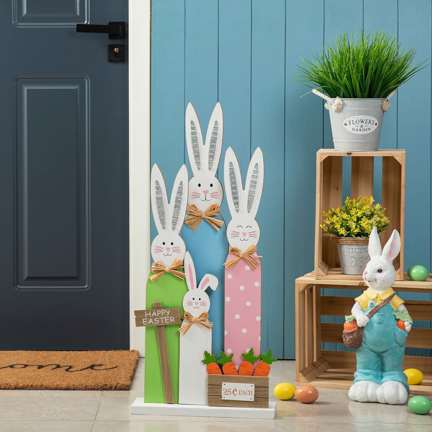 Glitzhome 30H Pâques en bois Famille de lapins debout Panneau de porche Décor avec couronne