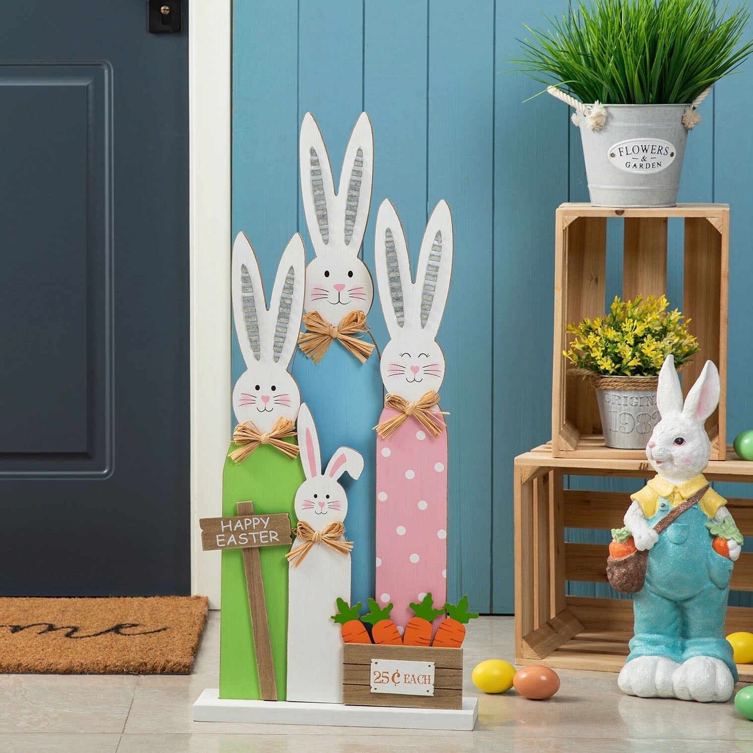 Glitzhome 30H Pâques en bois Famille de lapins debout Panneau de porche Décor avec couronne