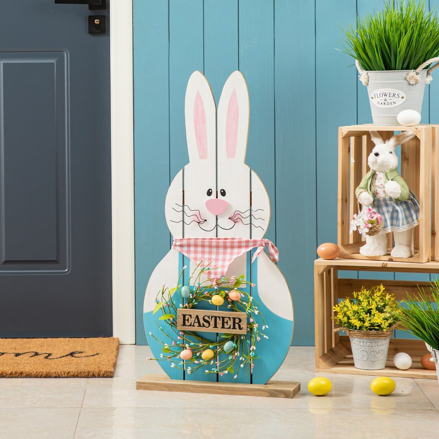 Glitzhome 30H Pâques en bois Famille de lapins debout Panneau de porche Décor avec couronne