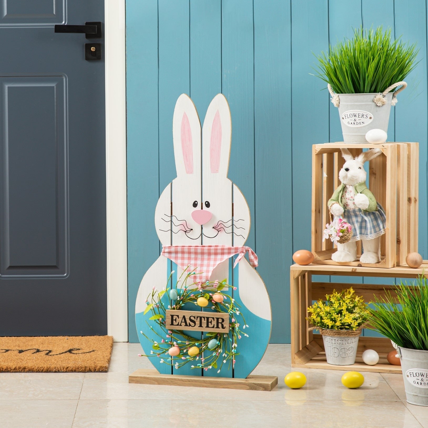 Glitzhome 30H Pâques en bois Famille de lapins debout Panneau de porche Décor avec couronne