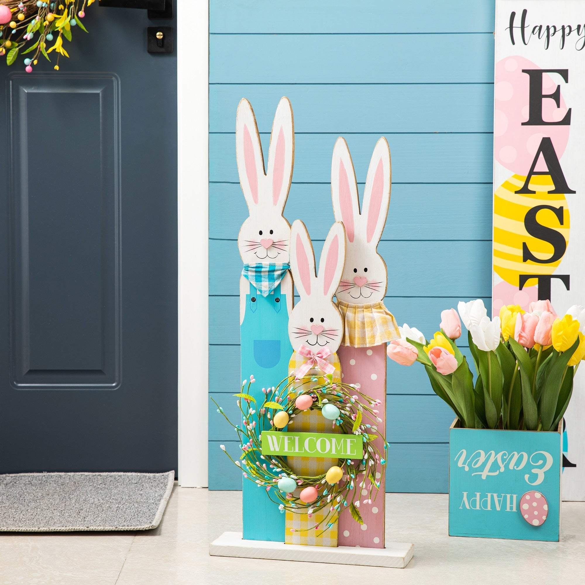 Glitzhome 30H Pâques en bois Famille de lapins debout Panneau de porche Décor avec couronne