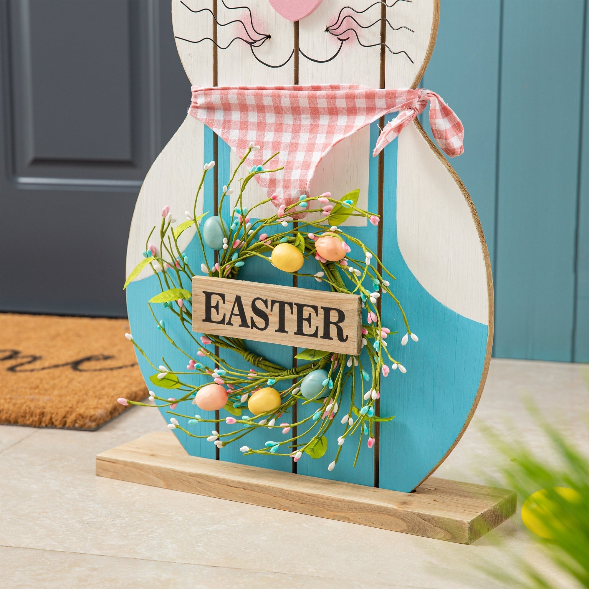 Glitzhome 30H Pâques en bois Famille de lapins debout Panneau de porche Décor avec couronne