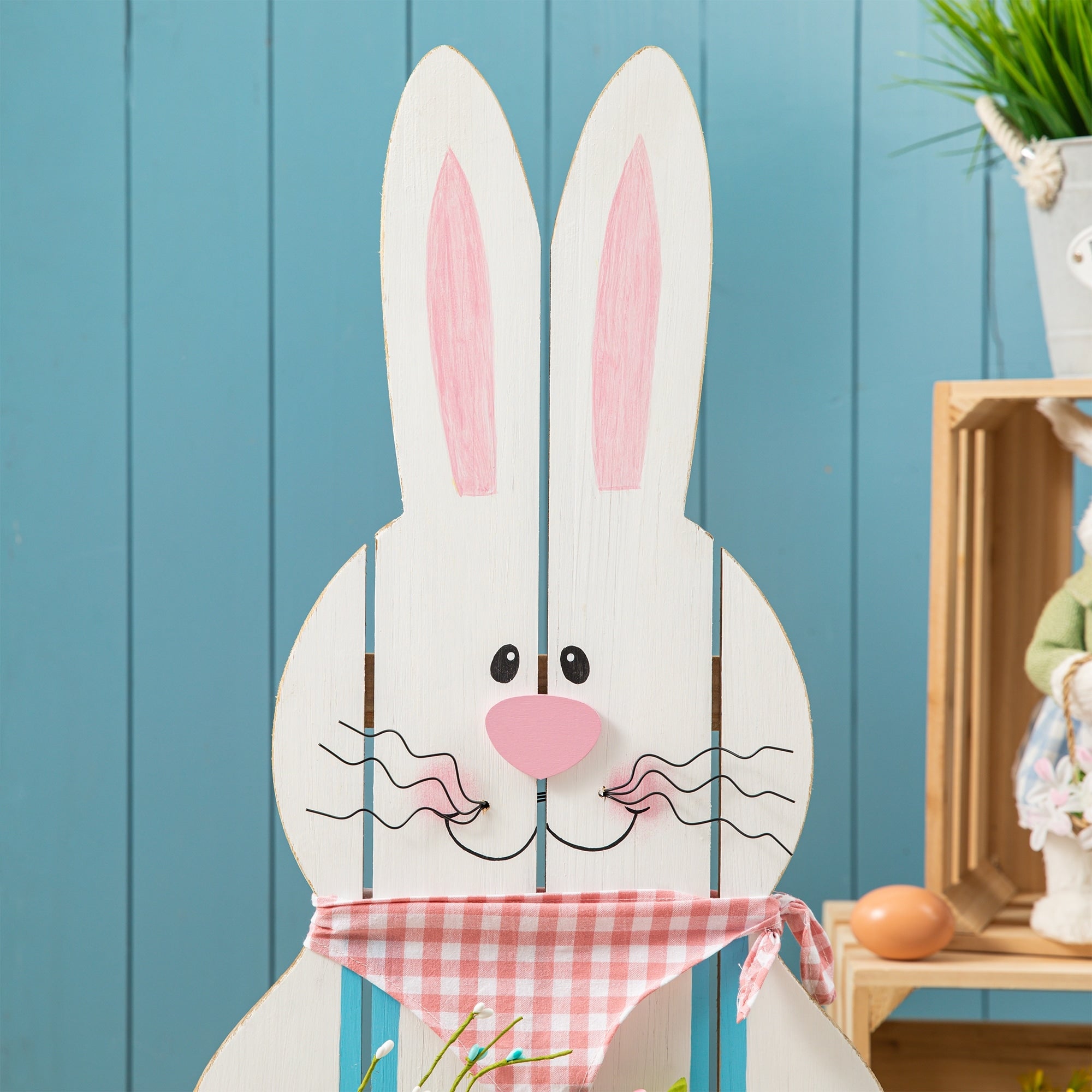 Glitzhome 30H Pâques en bois Famille de lapins debout Panneau de porche Décor avec couronne