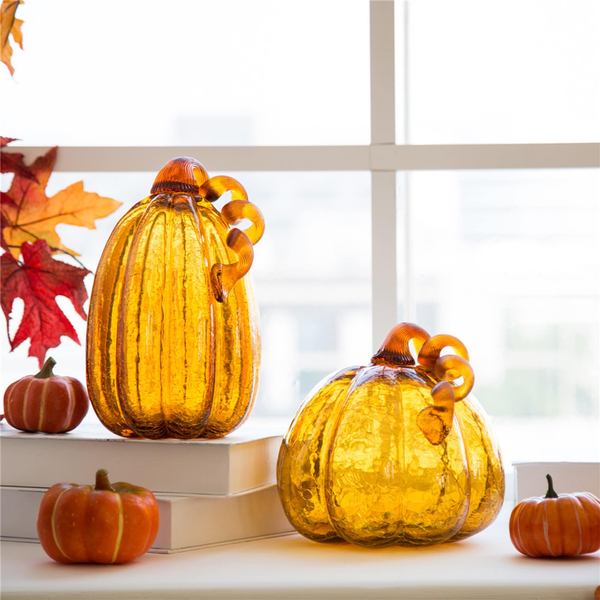 Citrouilles en verre soufflé à la main Glitzhome Amber Crackle pour la décoration des récoltes d'automne