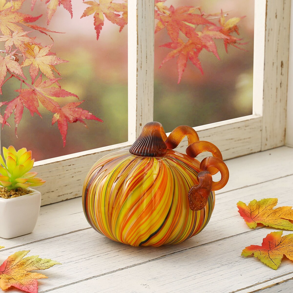 Décoration de table de Thanksgiving en verre soufflé à la main à rayures multiples Glitzhome Fall Harvest
