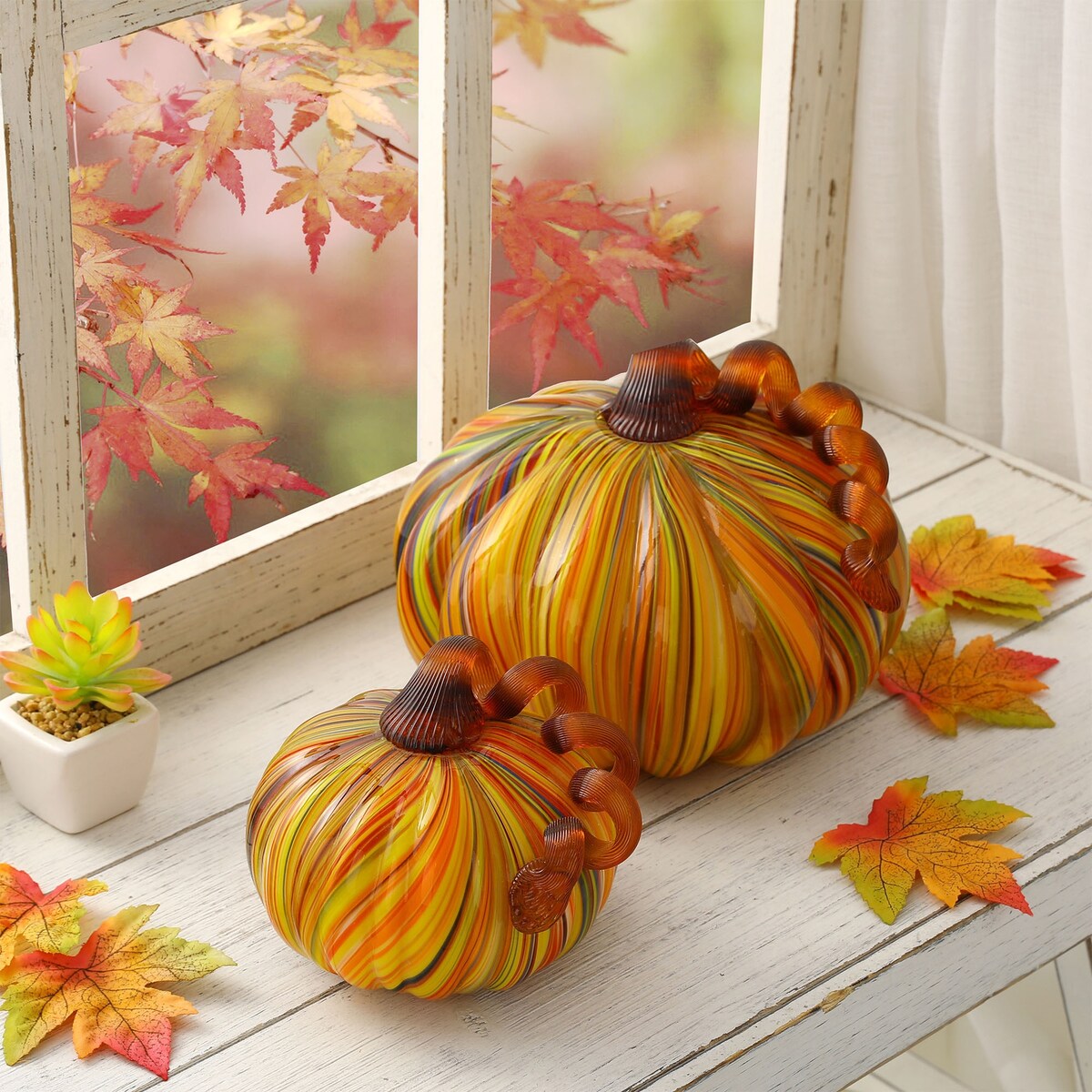 Décoration de table de Thanksgiving en verre soufflé à la main à rayures multiples Glitzhome Fall Harvest