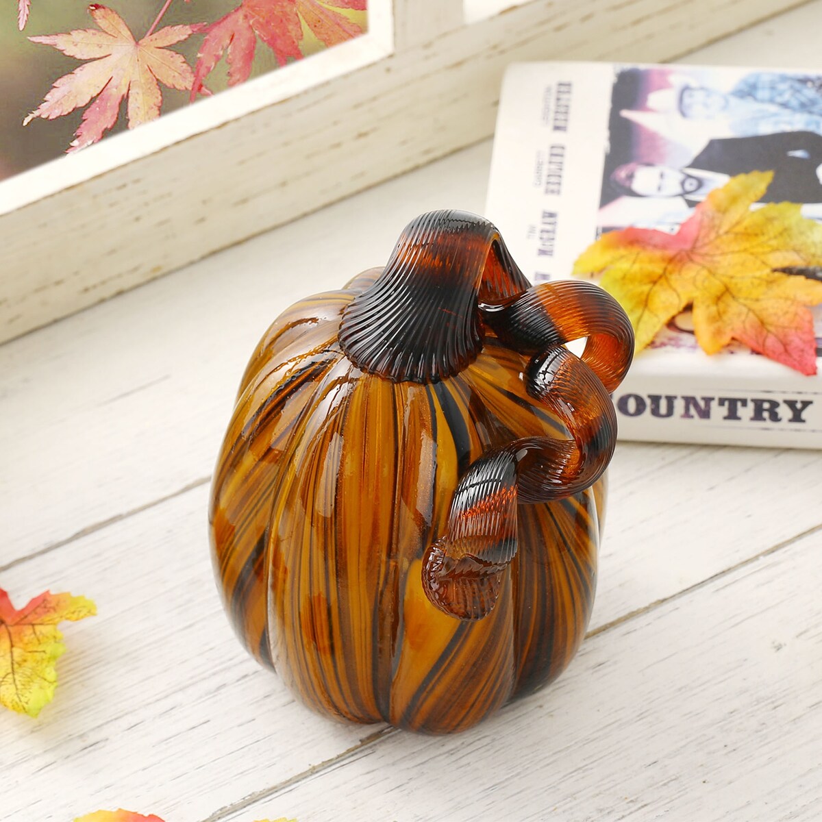 Décoration de table de Thanksgiving en verre soufflé à la main à rayures multiples Glitzhome Fall Harvest