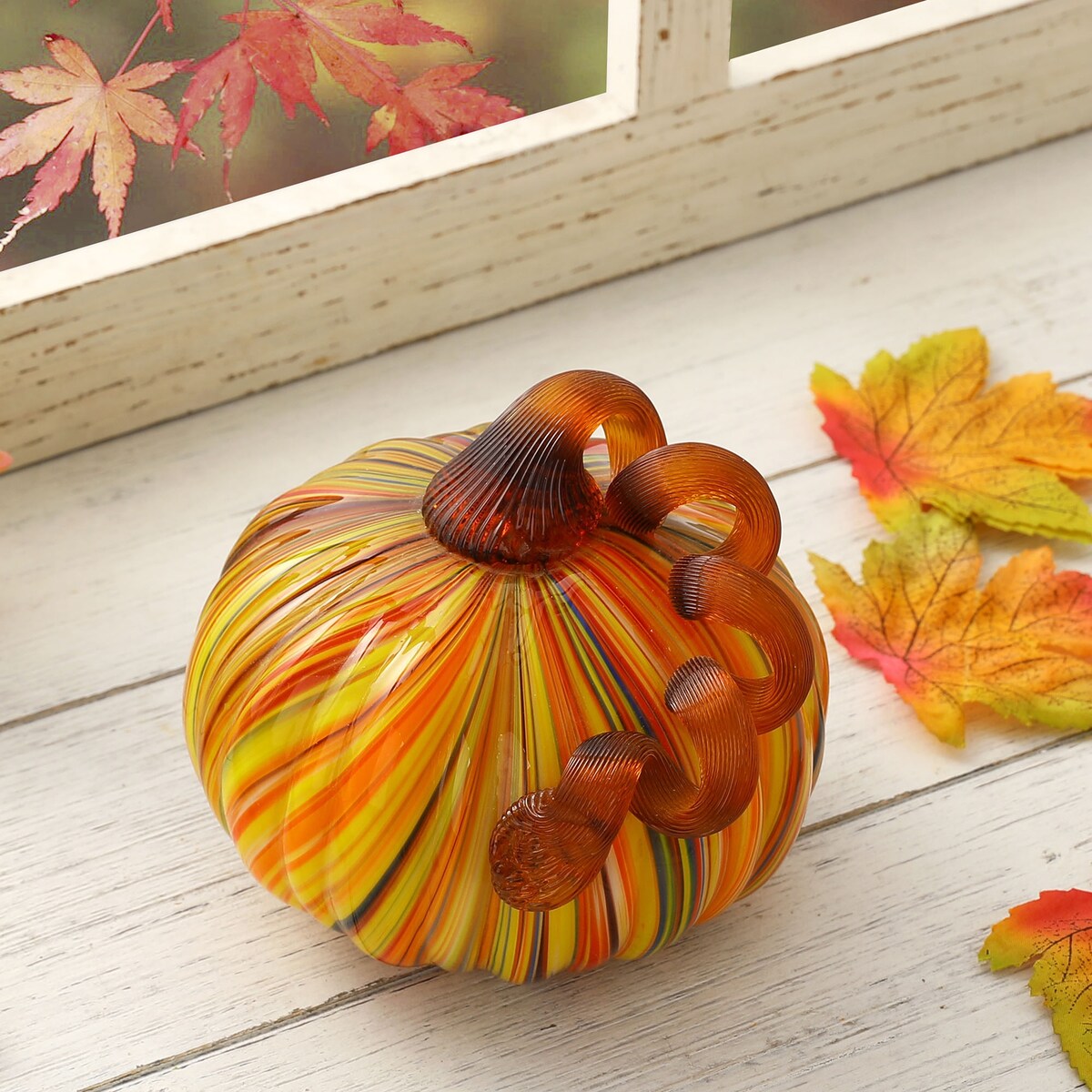 Décoration de table de Thanksgiving en verre soufflé à la main à rayures multiples Glitzhome Fall Harvest