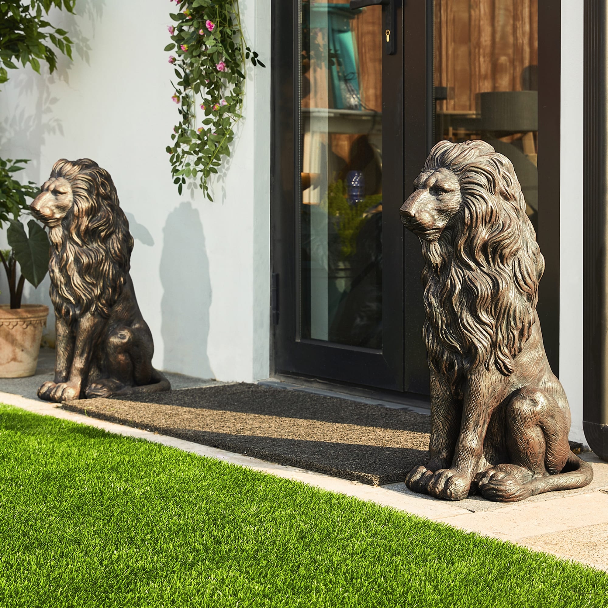 Glitzhome MGO Majestic Statues de lion gardien assis Sculpture de porche extérieur intérieur Ensemble de 2
