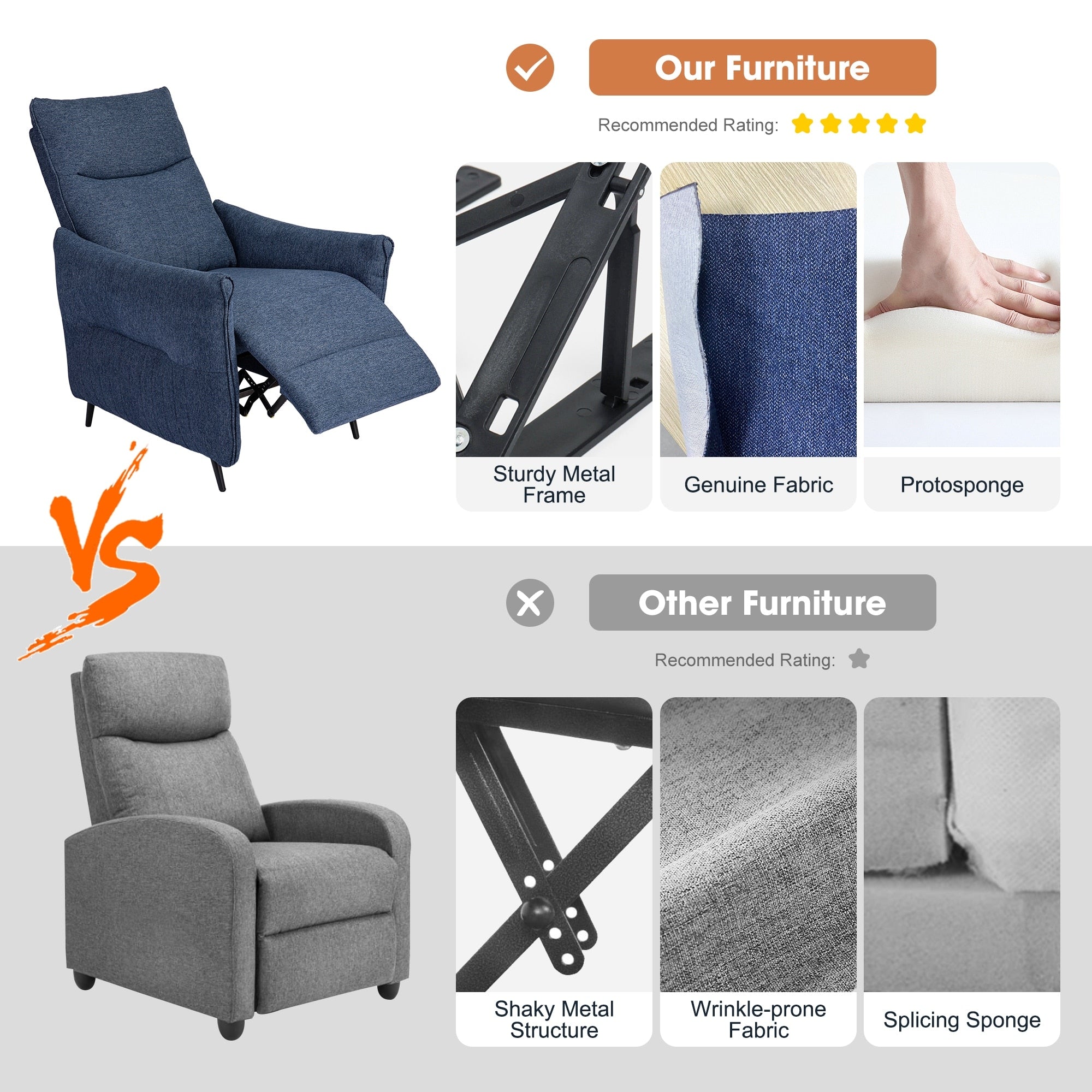 Fauteuil inclinable en tissu Glitzhome 41H avec dossier segmenté ergonomique