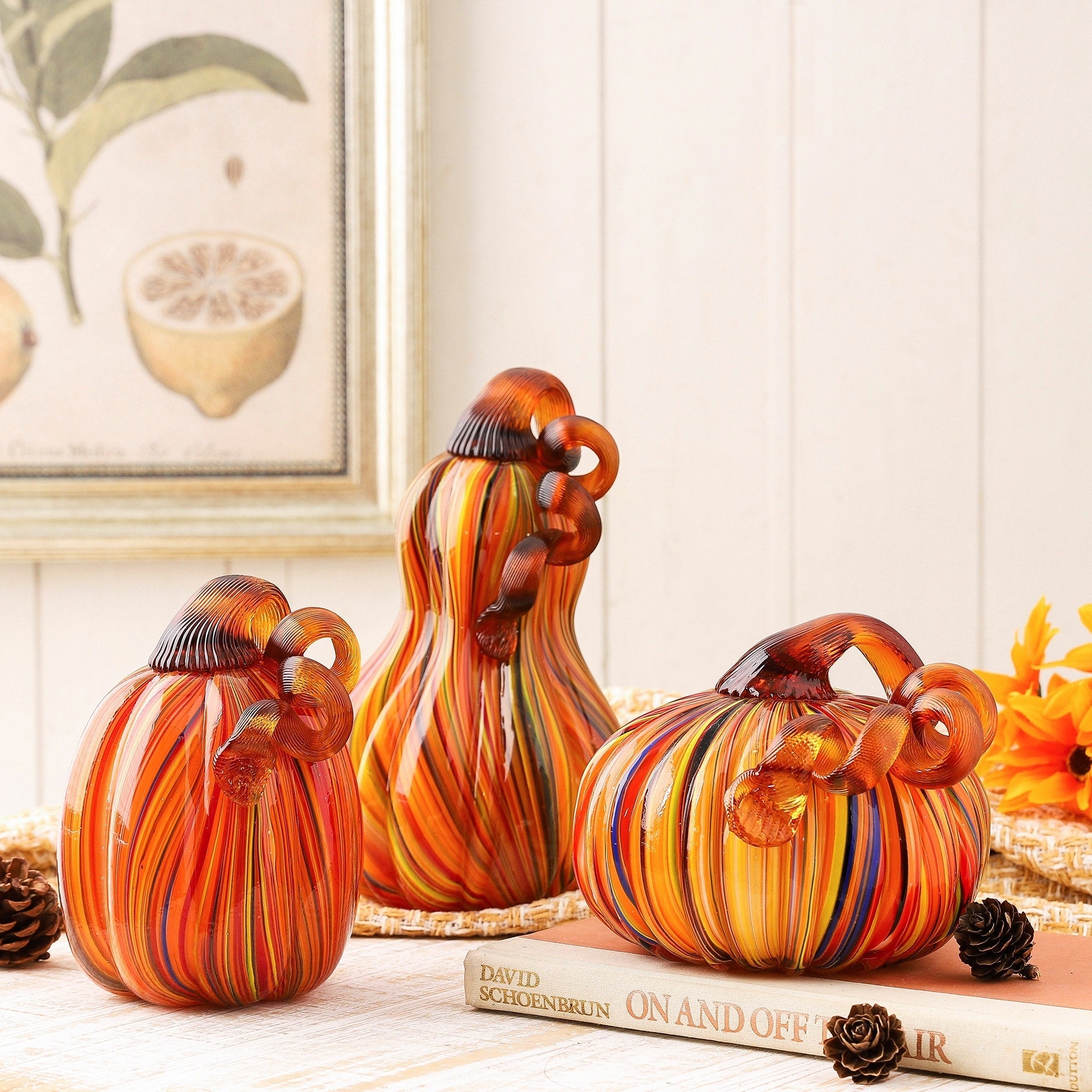 Décorations de citrouilles en verre à rayures multiples pour la récolte d'automne, Halloween, Thanksgiving, festival, Glitzhome