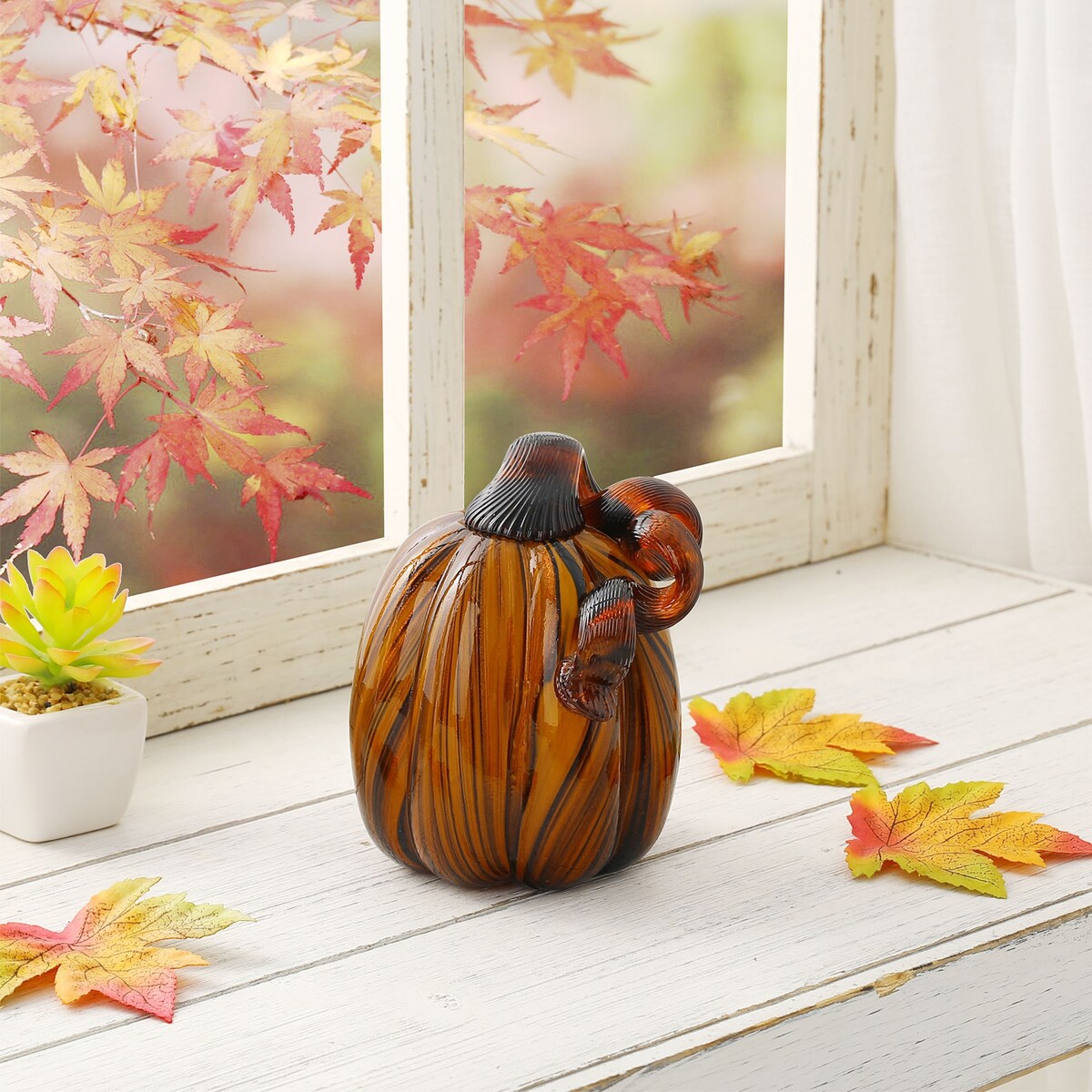 Décoration de table de Thanksgiving en verre soufflé à la main à rayures multiples Glitzhome Fall Harvest
