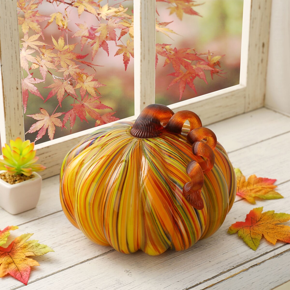 Décoration de table de Thanksgiving en verre soufflé à la main à rayures multiples Glitzhome Fall Harvest