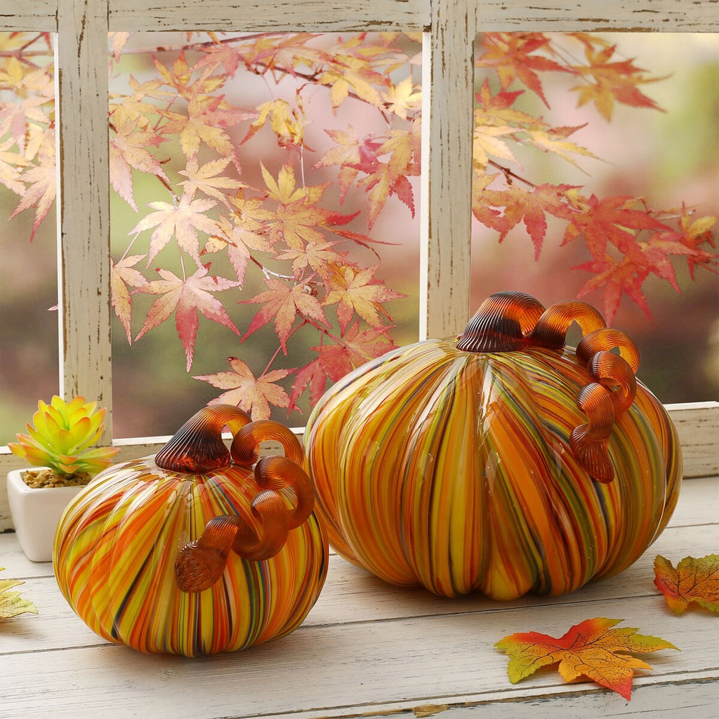 Décoration de table de Thanksgiving en verre soufflé à la main à rayures multiples Glitzhome Fall Harvest