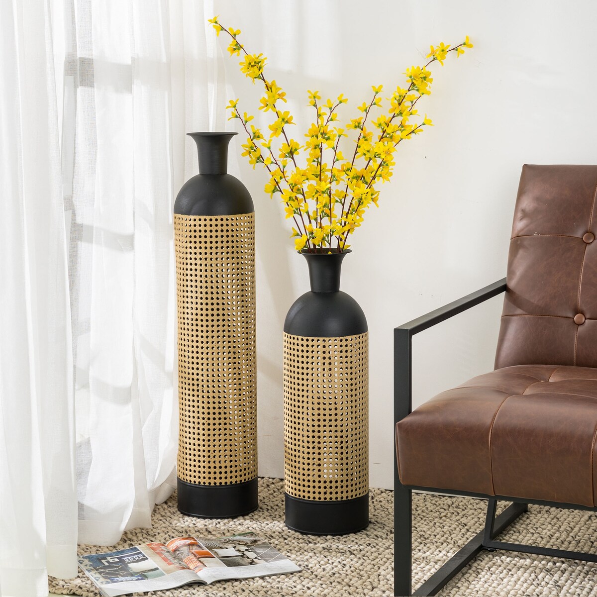 Lot de 2 vases de sol en métal bicolores dorés et noirs modernes Glitzhome