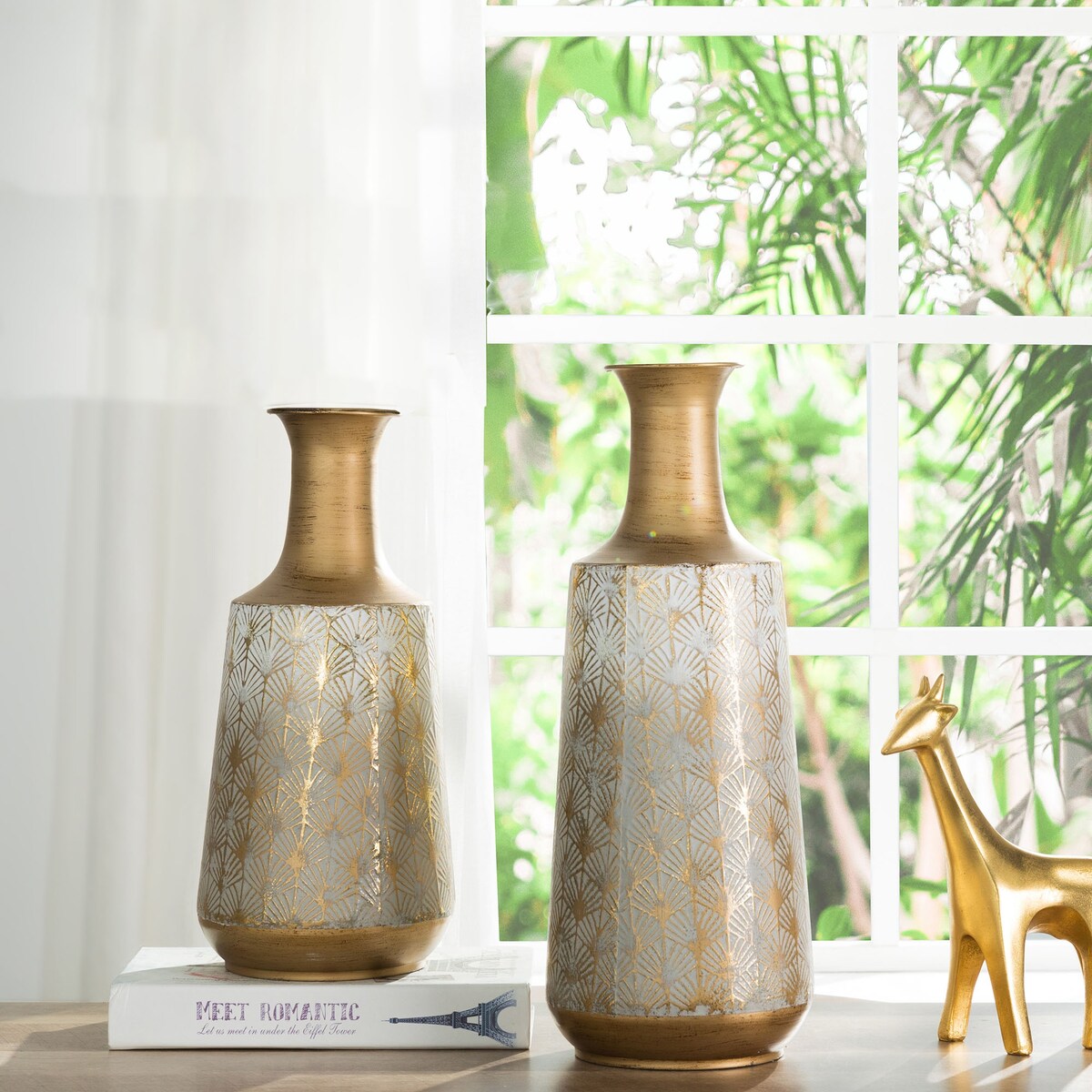 Lot de 2 vases Glitzhome en métal doré/blanc, style vintage traditionnel, effet vieilli