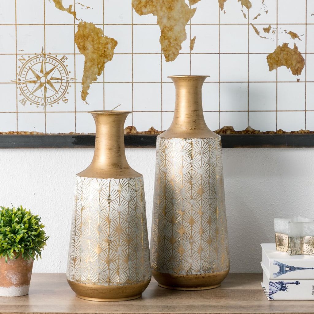 Lot de 2 vases Glitzhome en métal doré/blanc, style vintage traditionnel, effet vieilli