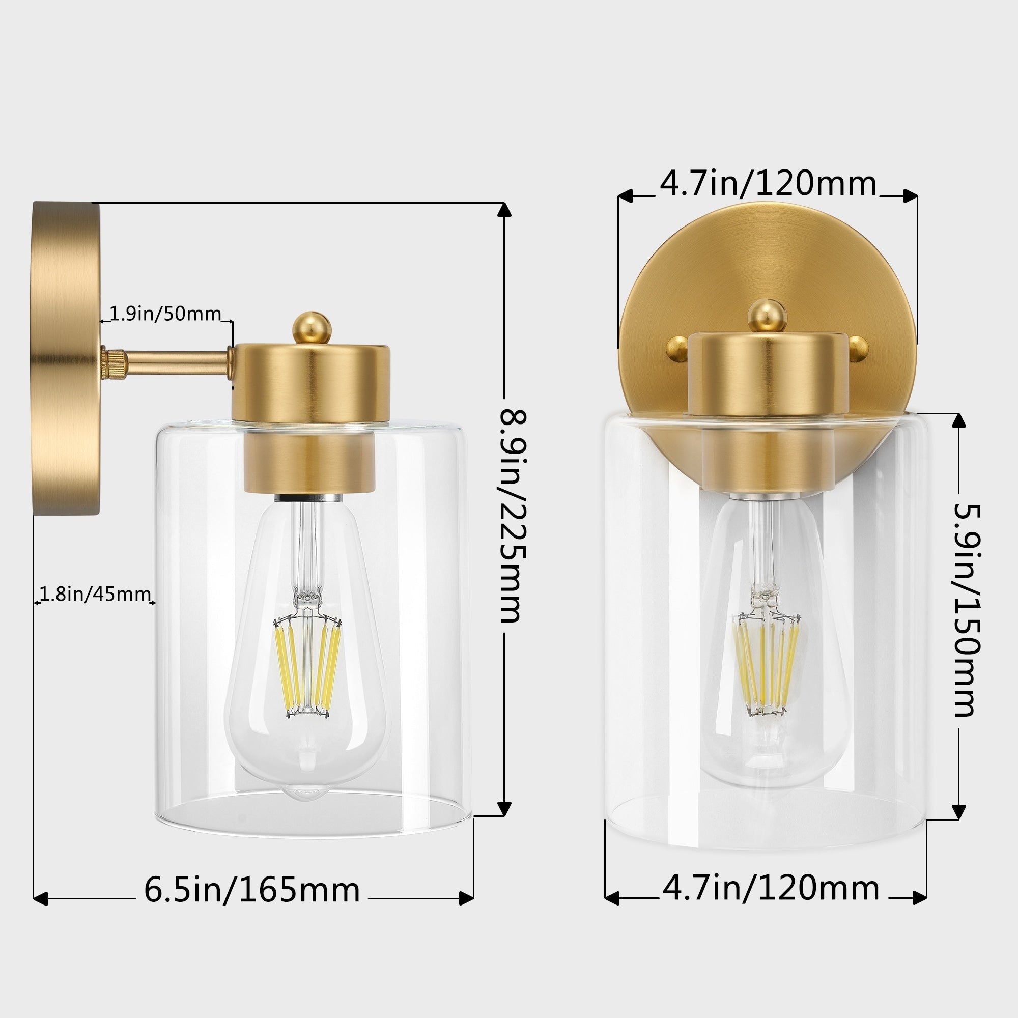Lot de 2 appliques murales dorées, luminaire de salle de bain avec abat-jour cylindrique, chrome/nickel brossé/bronze huilé
