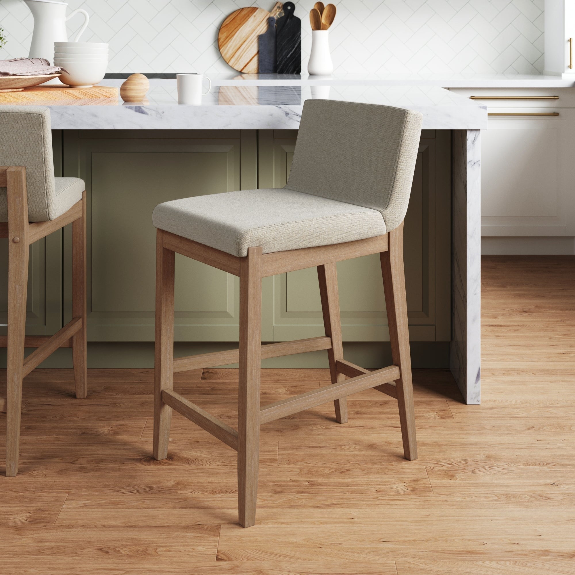 Tabouret de bar moderne Gracie, chaise rembourrée en boucle et pieds en bois brossé