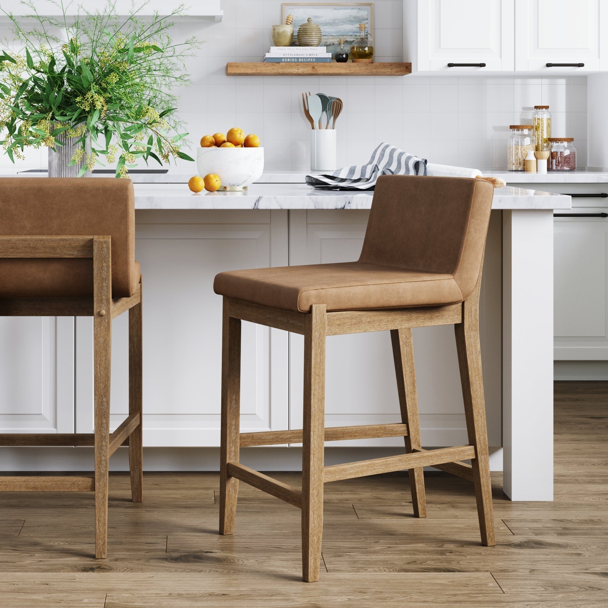 Tabouret de bar moderne Gracie, chaise rembourrée en boucle et pieds en bois brossé