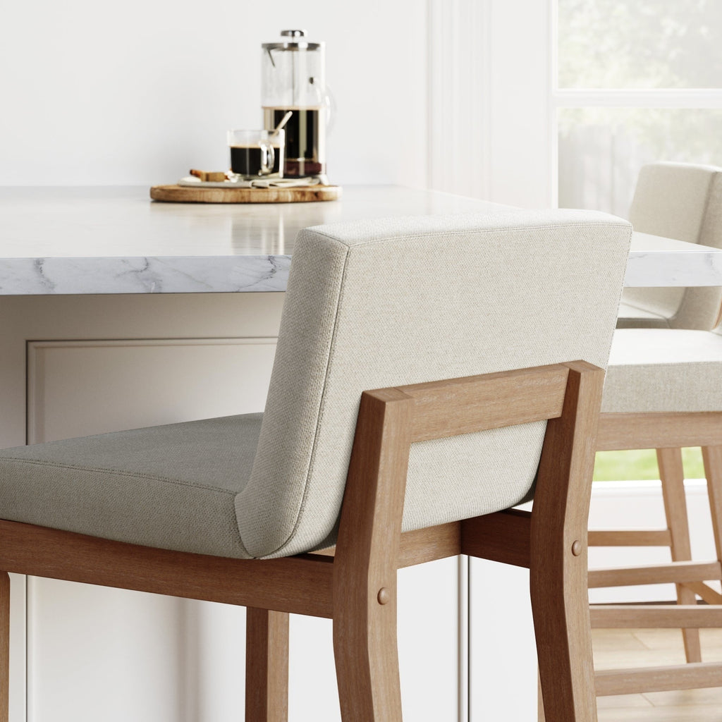 Tabouret de bar moderne Gracie, chaise rembourrée en boucle et pieds en bois brossé
