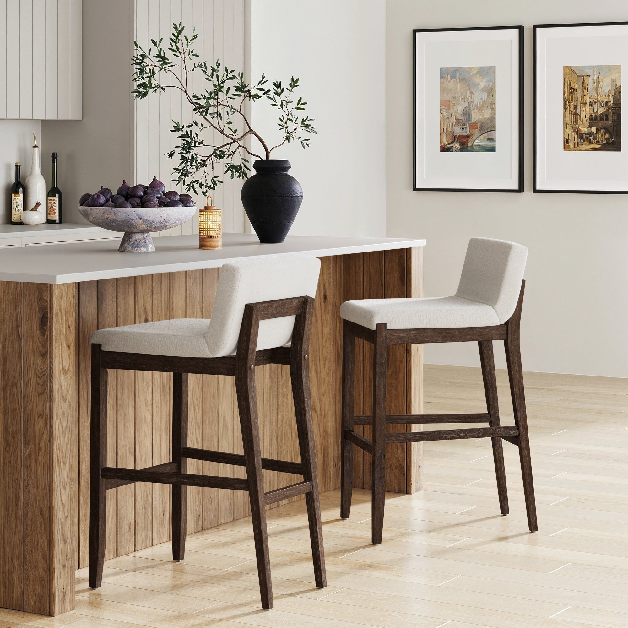 Tabouret de bar moderne Gracie, chaise rembourrée en boucle et pieds en bois brossé