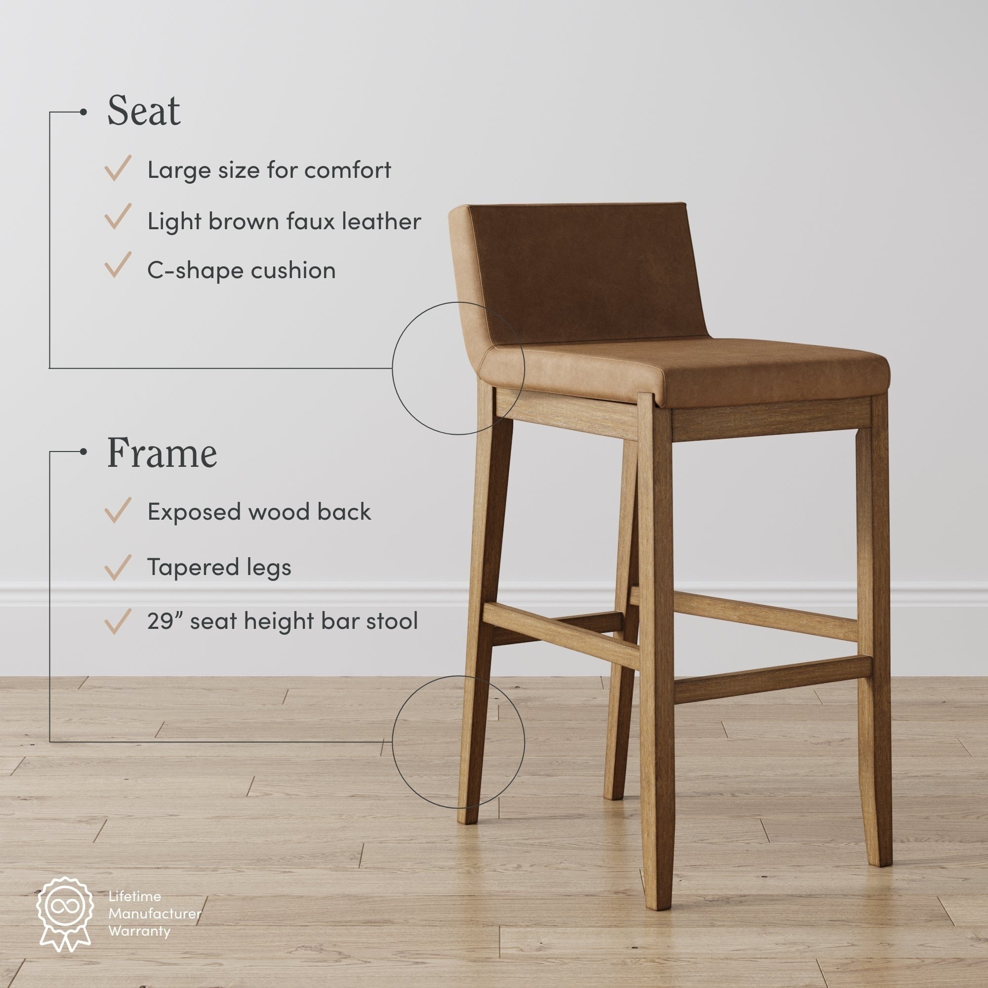 Tabouret de bar moderne Gracie, chaise rembourrée en boucle et pieds en bois brossé