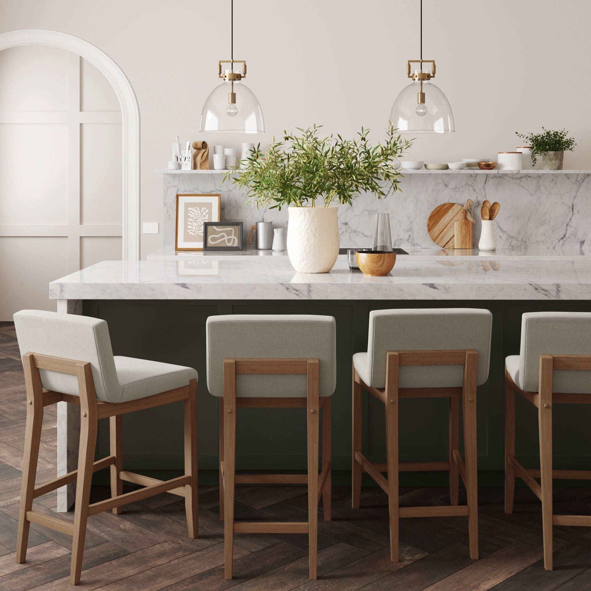 Tabouret de bar moderne Gracie, chaise rembourrée en boucle et pieds en bois brossé