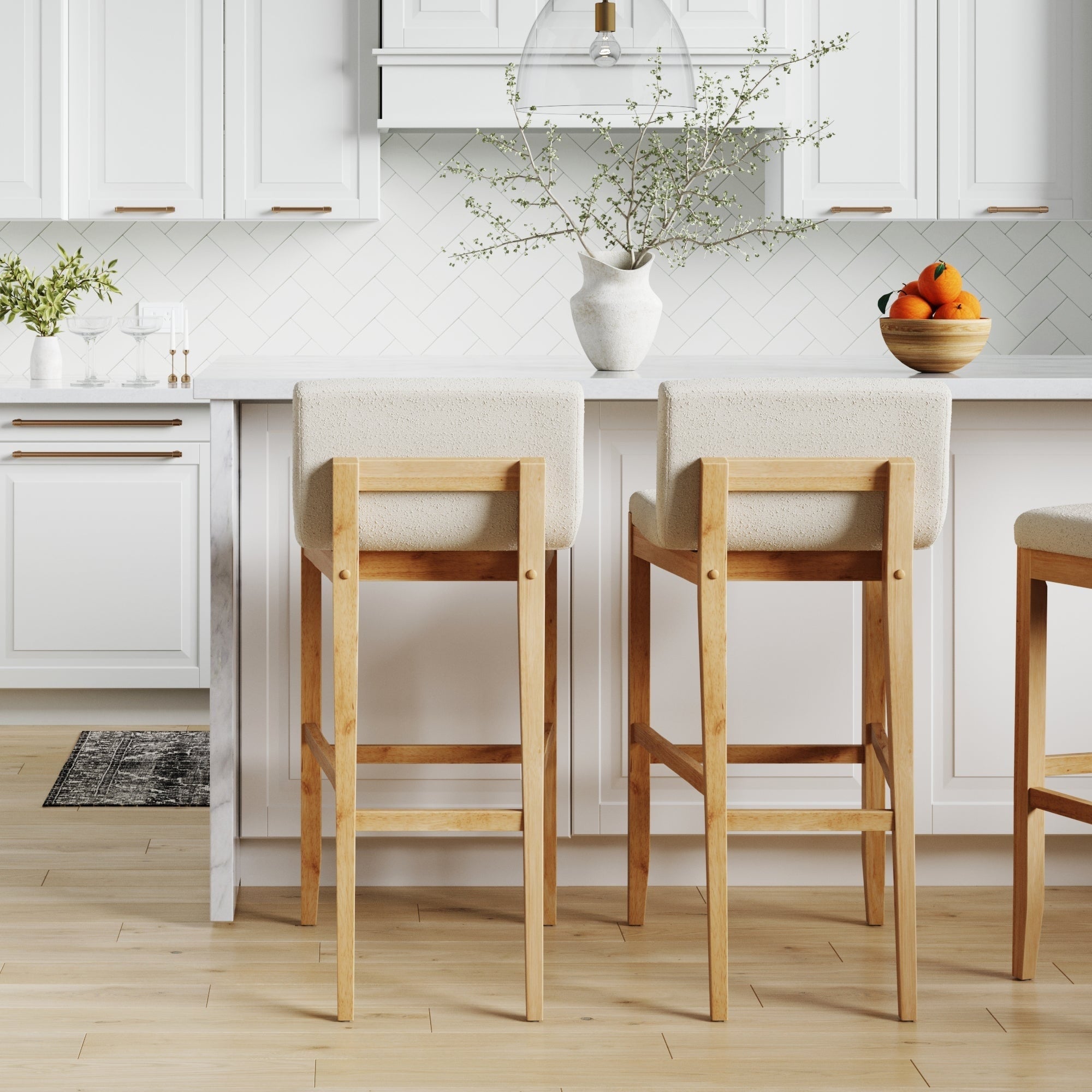 Tabouret de bar moderne Gracie, chaise rembourrée en boucle et pieds en bois brossé