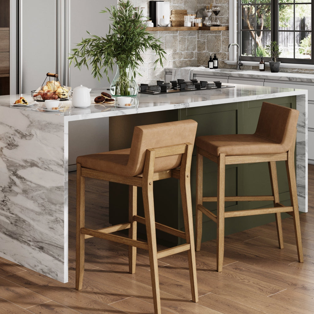Tabouret de bar moderne Gracie, chaise rembourrée en boucle et pieds en bois brossé