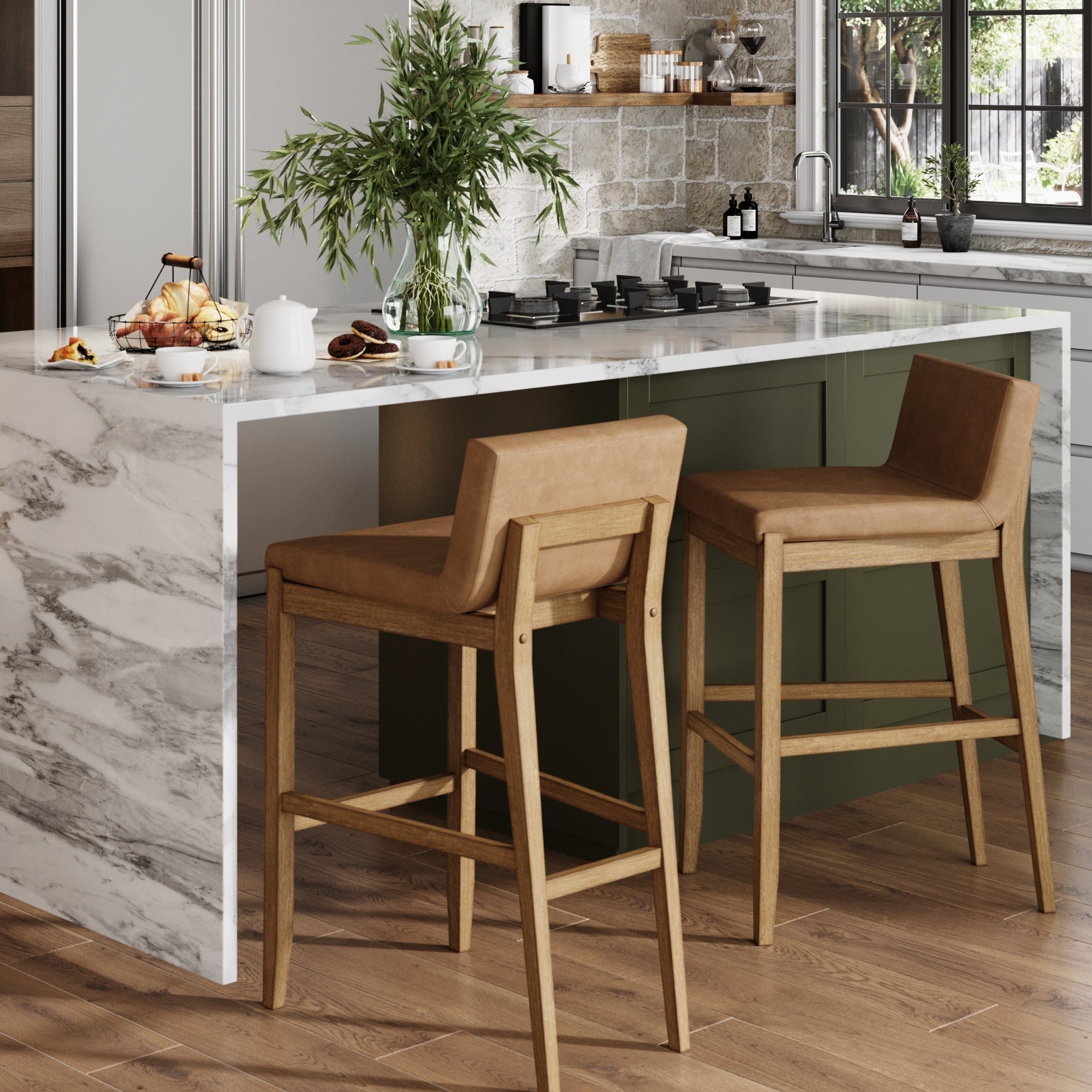 Tabouret de bar moderne Gracie, chaise rembourrée en boucle et pieds en bois brossé