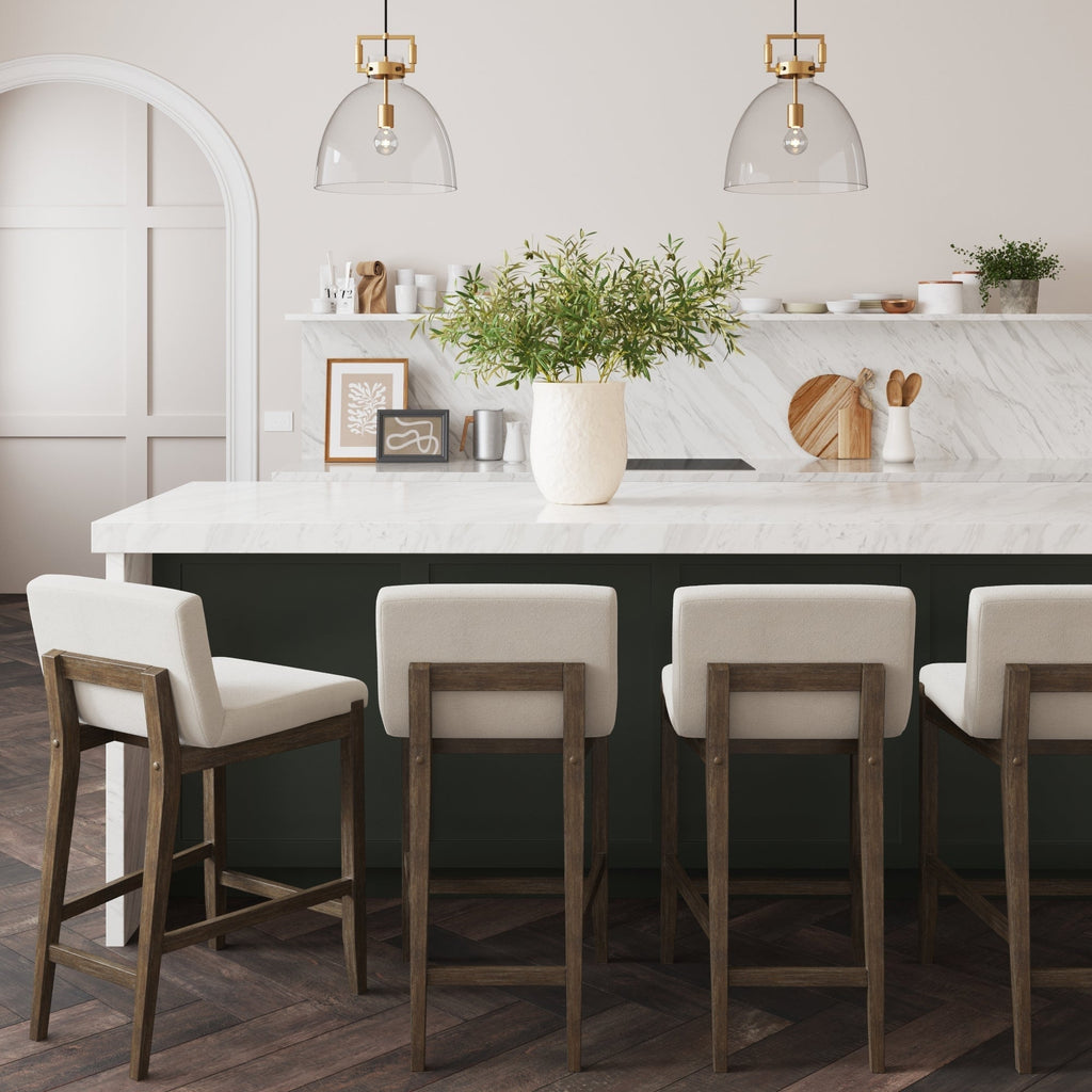 Tabouret de bar moderne Gracie, chaise rembourrée en boucle et pieds en bois brossé