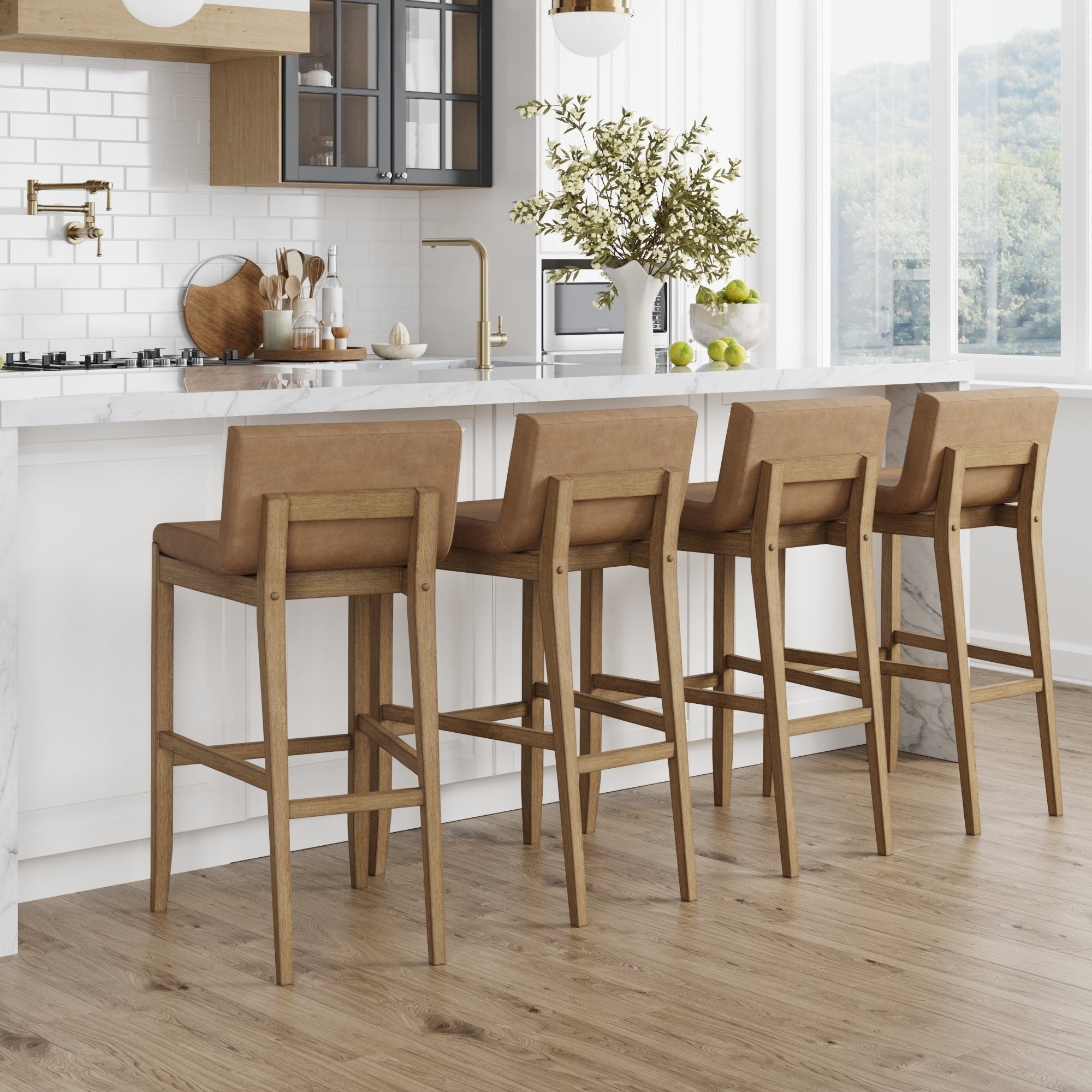 Tabouret de bar moderne Gracie, chaise rembourrée en boucle et pieds en bois brossé
