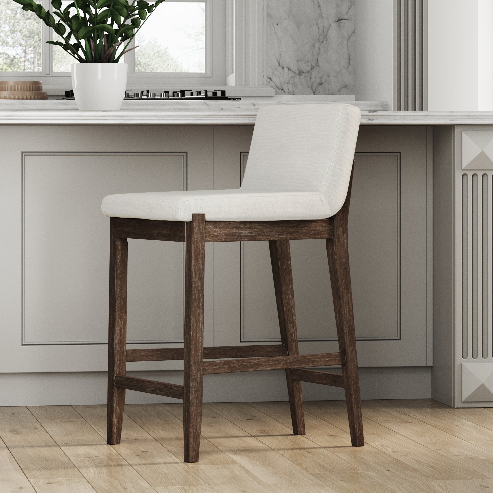 Tabouret de bar moderne Gracie, chaise rembourrée en boucle et pieds en bois brossé