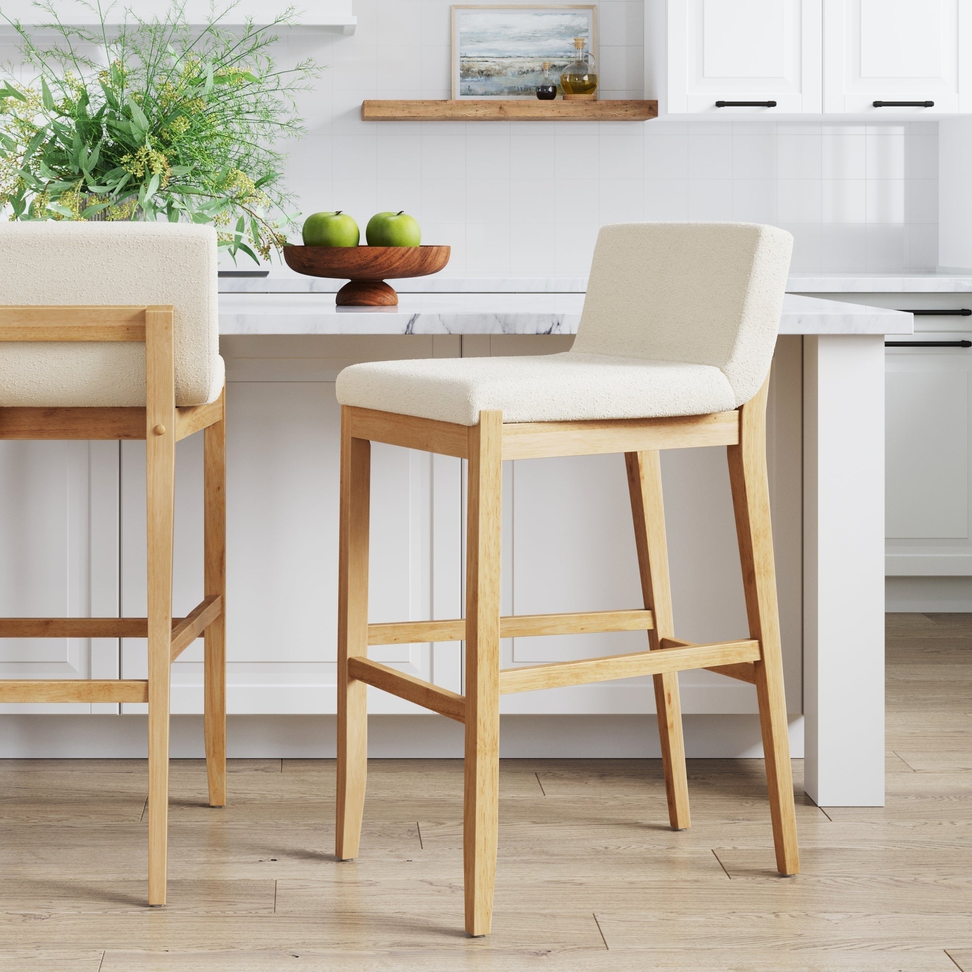 Tabouret de bar moderne Gracie, chaise rembourrée en boucle et pieds en bois brossé