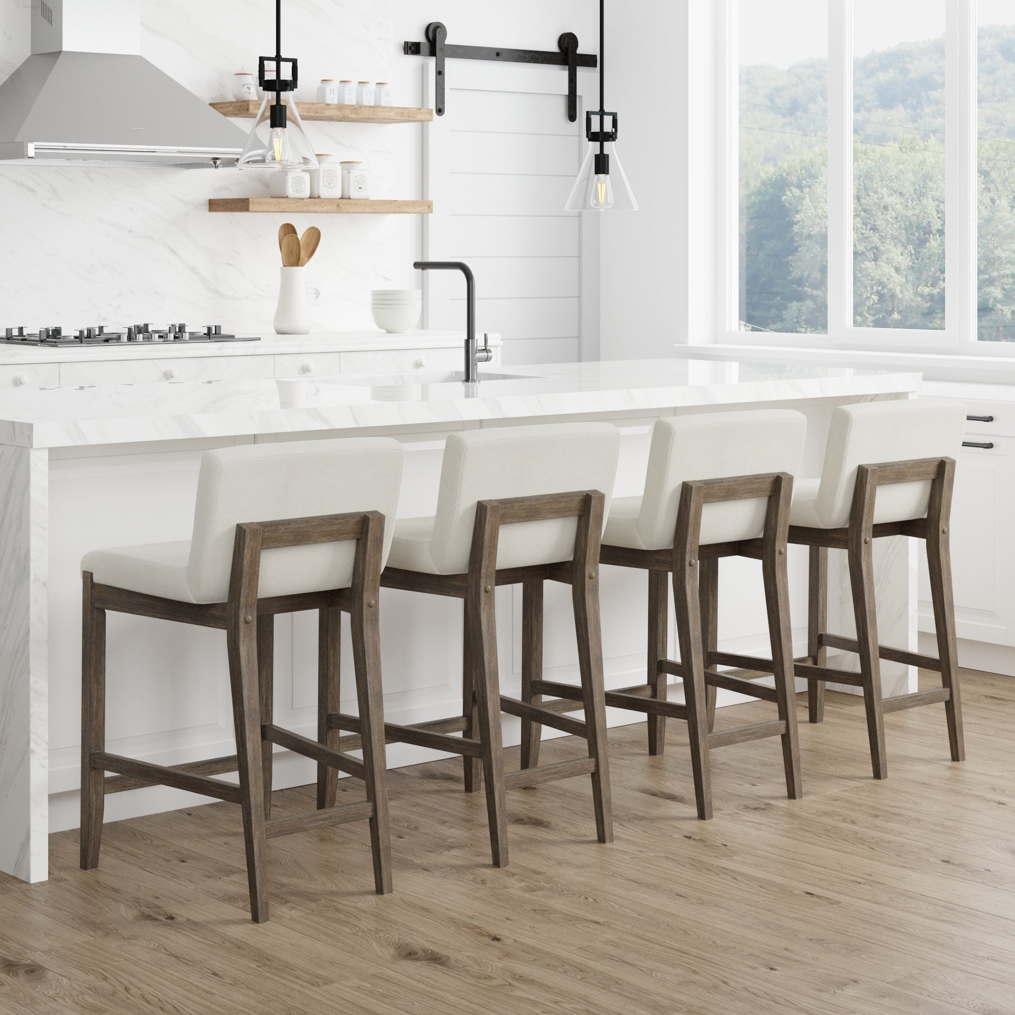 Tabouret de bar moderne Gracie, chaise rembourrée en boucle et pieds en bois brossé