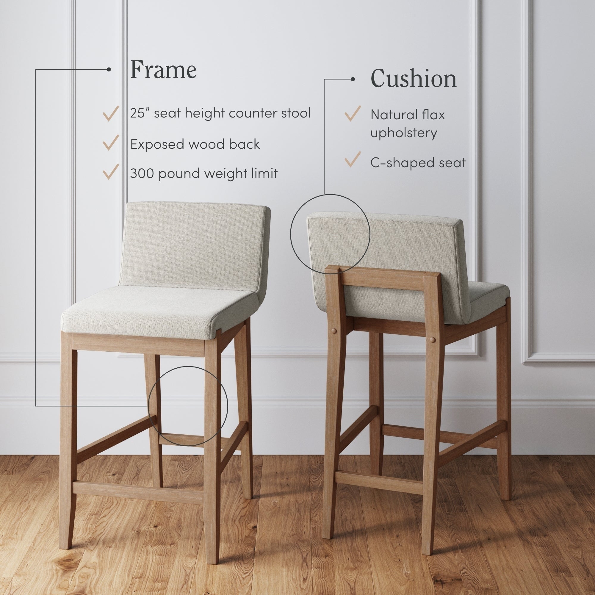 Tabouret de bar moderne Gracie, chaise rembourrée en boucle et pieds en bois brossé