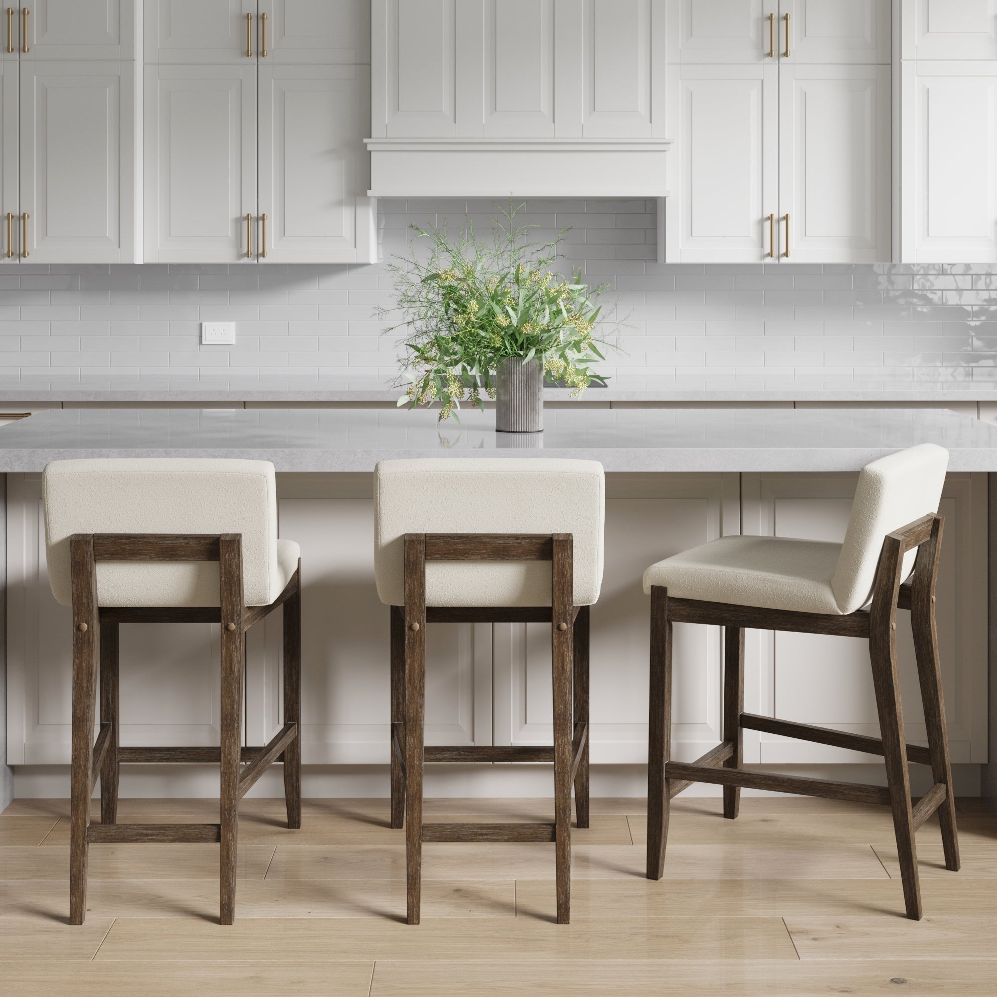 Tabouret de bar moderne Gracie, chaise rembourrée en boucle et pieds en bois brossé