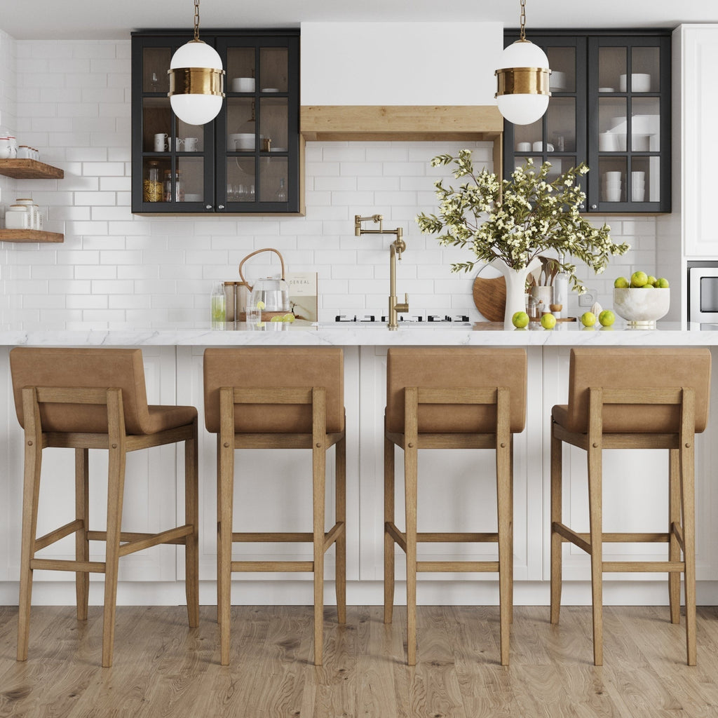 Tabouret de bar moderne Gracie, chaise rembourrée en boucle et pieds en bois brossé