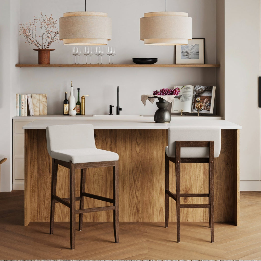 Tabouret de bar moderne Gracie, chaise rembourrée en boucle et pieds en bois brossé