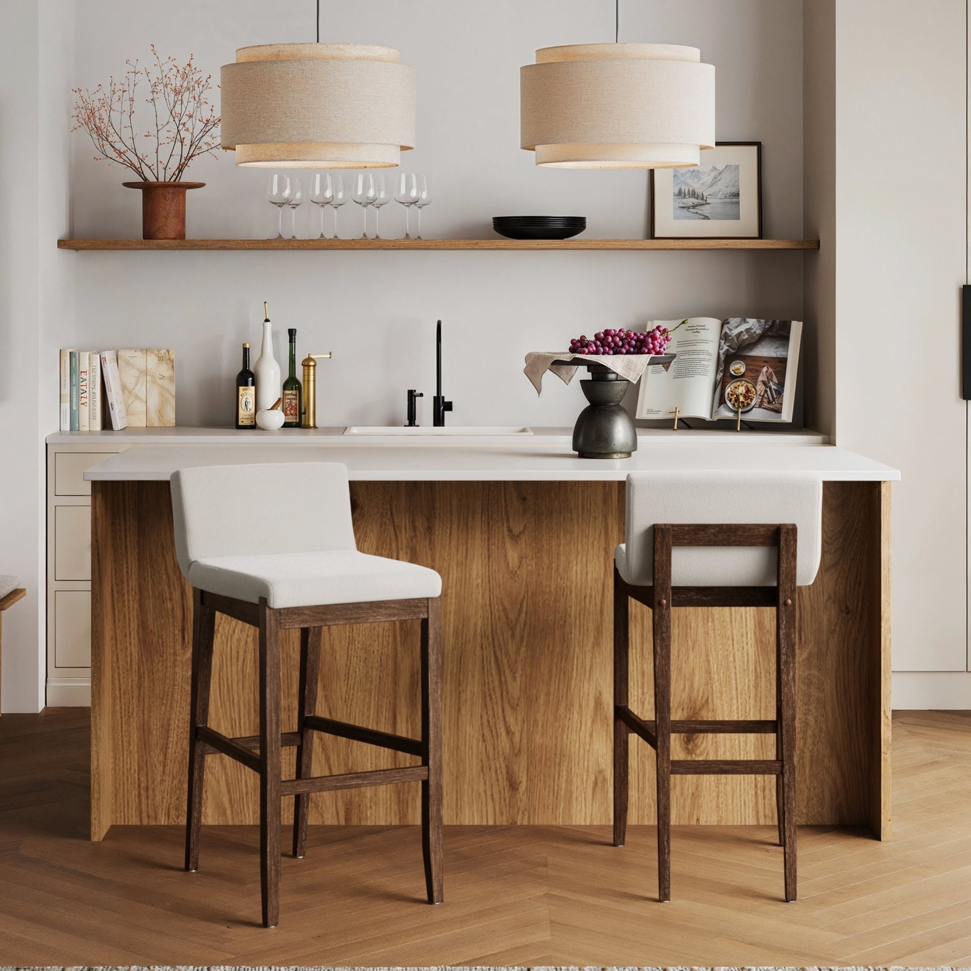Tabouret de bar moderne Gracie, chaise rembourrée en boucle et pieds en bois brossé