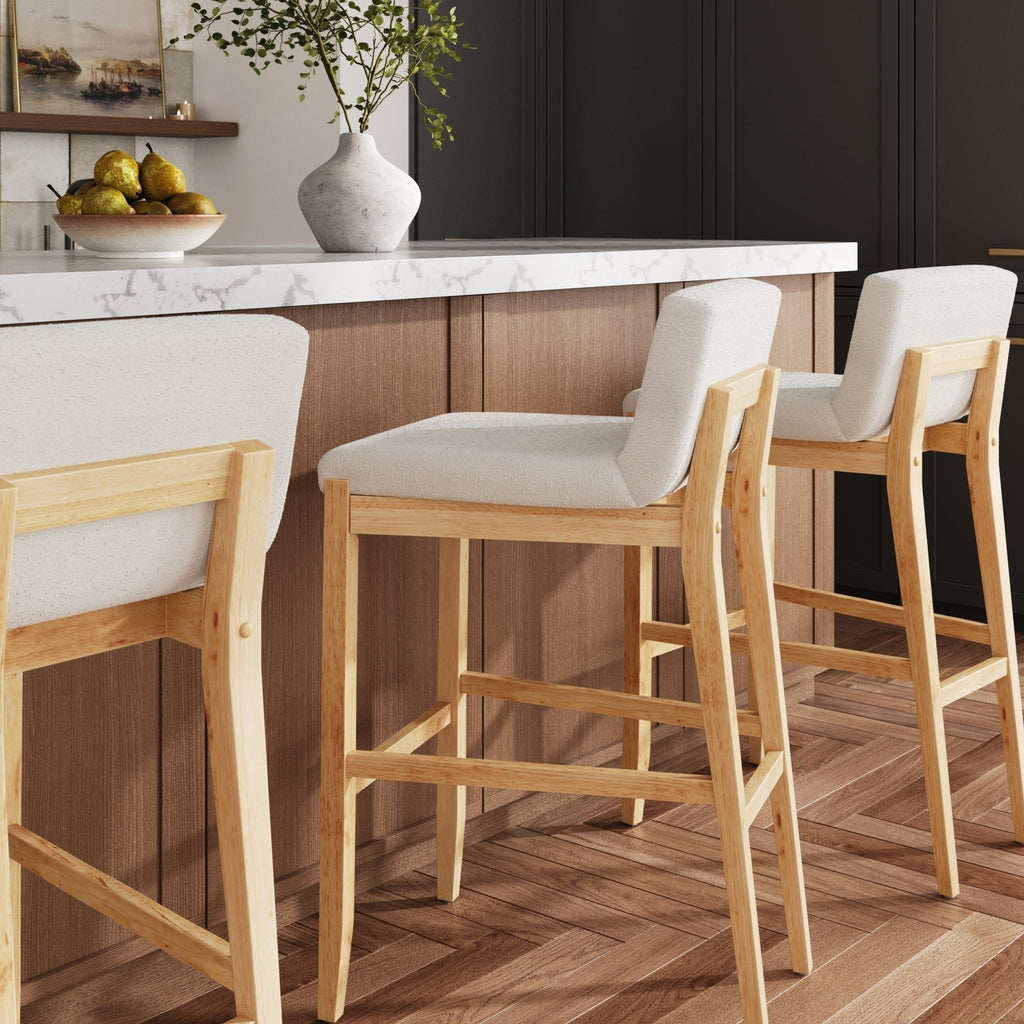 Tabouret de bar moderne Gracie, chaise rembourrée en boucle et pieds en bois brossé