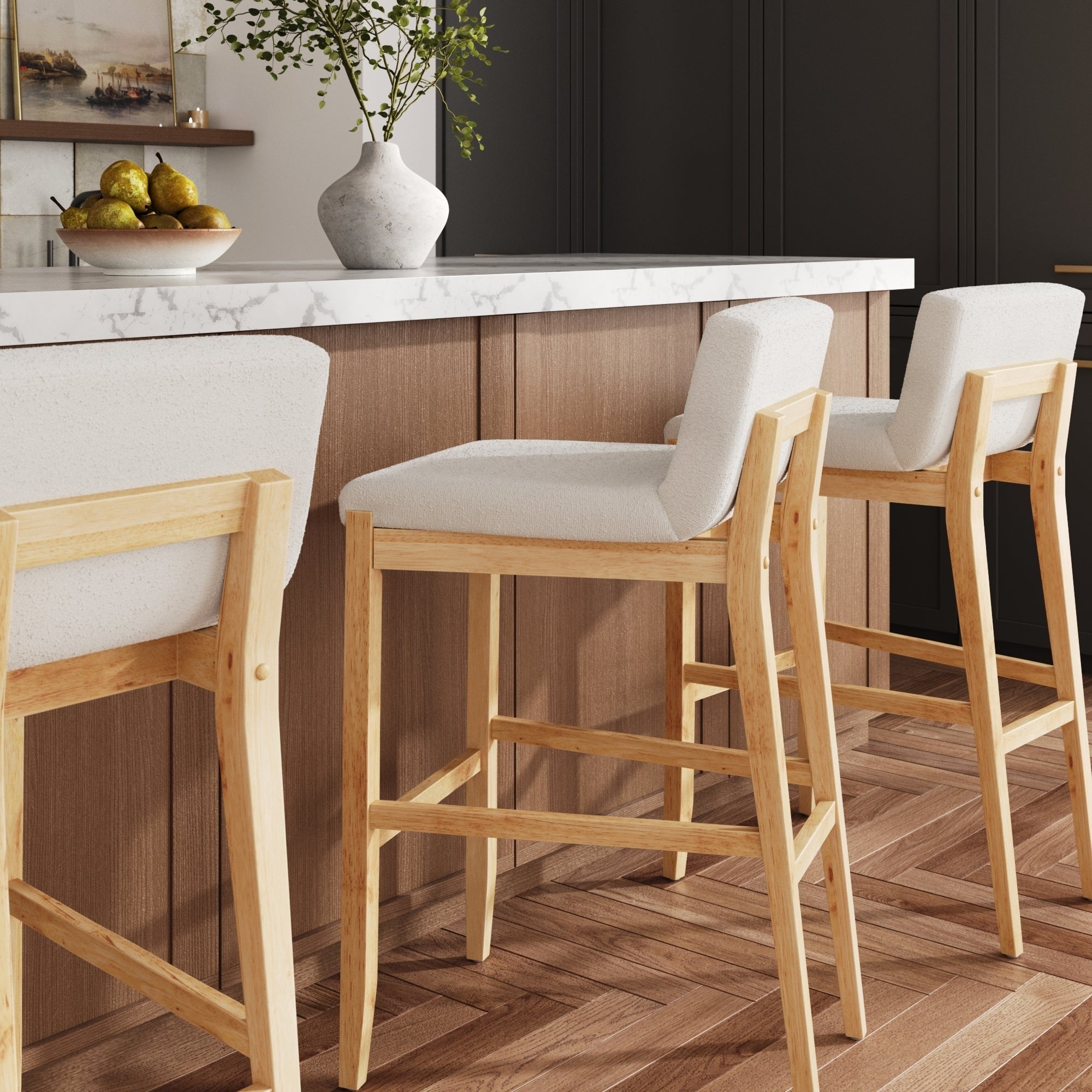 Tabouret de bar moderne Gracie, chaise rembourrée en boucle et pieds en bois brossé